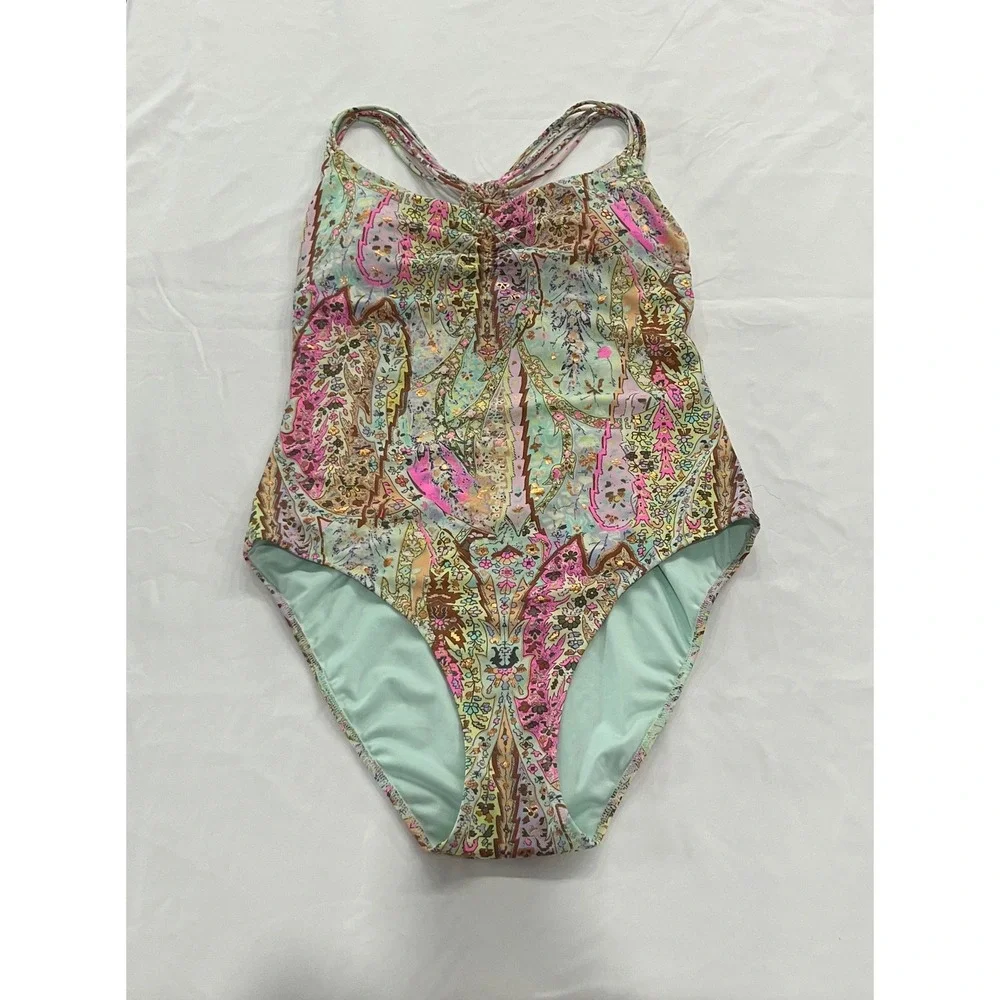 Victorias Secret‎ Paisley Strappy Back One Piece Swimsuit Pink Mint Gold Medium